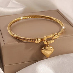 18K Gold Heart Pendant Bangle – Stainless Steel