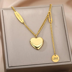 Layered Heart Pendant Necklace in Gold Stainless Steel