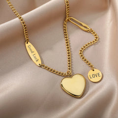 Layered Heart Pendant Necklace in Gold Stainless Steel