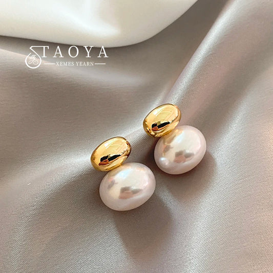 French Elegant Flat Pearl Drop Earrings