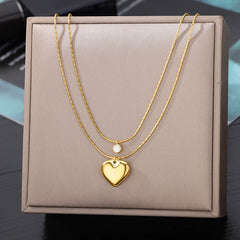 Layered Heart Pendant Necklace in Gold Stainless Steel