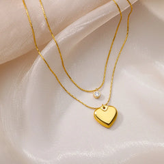 Layered Heart Pendant Necklace in Gold Stainless Steel