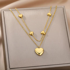 Layered Heart Pendant Necklace in Gold Stainless Steel