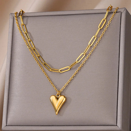 Layered Heart Pendant Necklace in Gold Stainless Steel