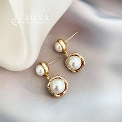 French Elegant Flat Pearl Drop Earrings