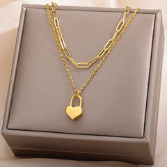 Layered Heart Pendant Necklace in Gold Stainless Steel