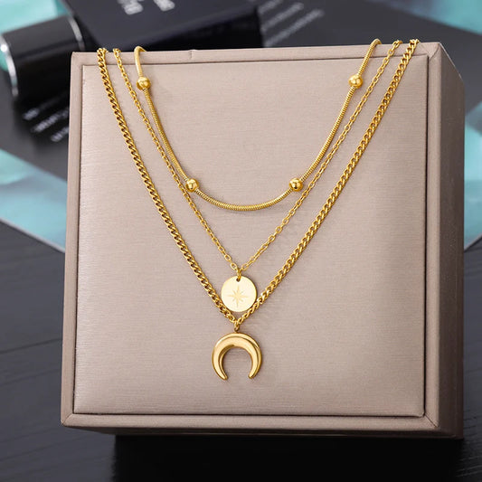Layered Heart Pendant Necklace in Gold Stainless Steel