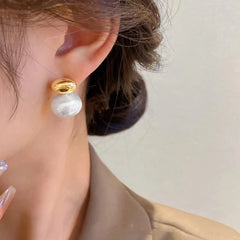 French Elegant Flat Pearl Drop Earrings