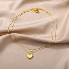 Layered Heart Pendant Necklace in Gold Stainless Steel
