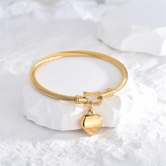 18K Gold Heart Pendant Bangle – Stainless Steel
