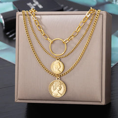 Layered Heart Pendant Necklace in Gold Stainless Steel