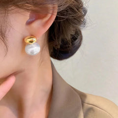 French Elegant Flat Pearl Drop Earrings